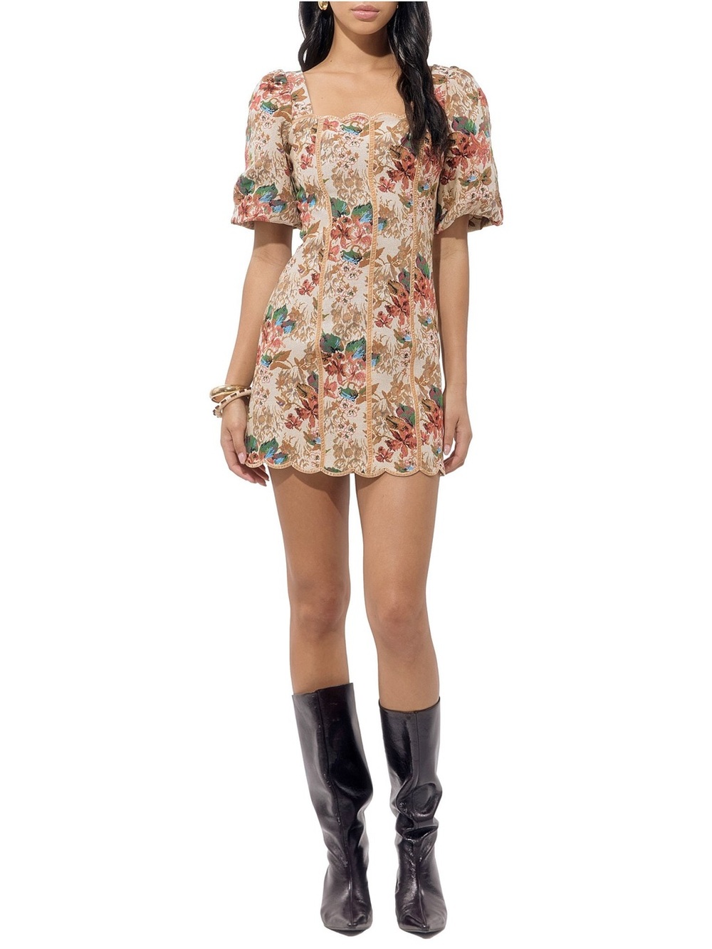 NWT Adelyn Rae Silvie Tapestry Square Neck Floral Puff Short Sleeve Sheath Dress